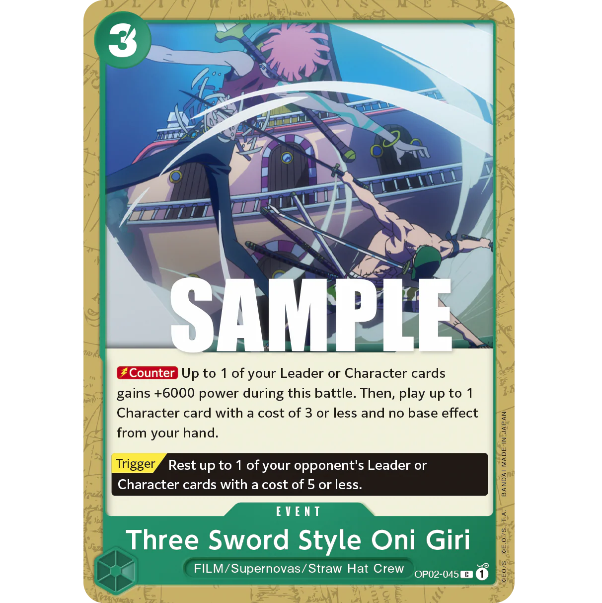 ONE PIECE CARD GAME OP02-045 C THREE SWORD STYLE ONI GIRI "PARAMOUNT WAR INGLÉS"